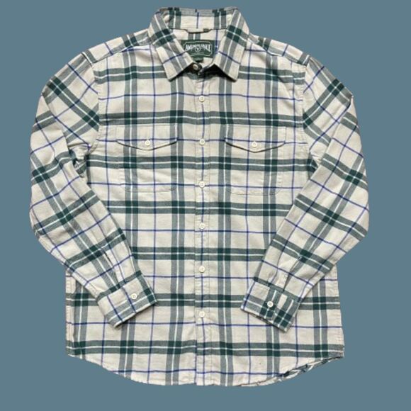 American Eagle Vintage Cream Green Plaid Flannel Button Front Shirt Men's Large - Picture 1 of 8